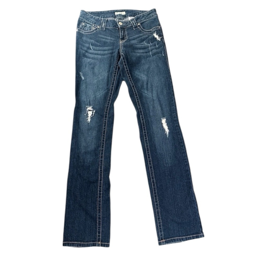 Distressed Paris Blues Stretch Low Rise Blue Jeans Slight Bootcut Sz 11